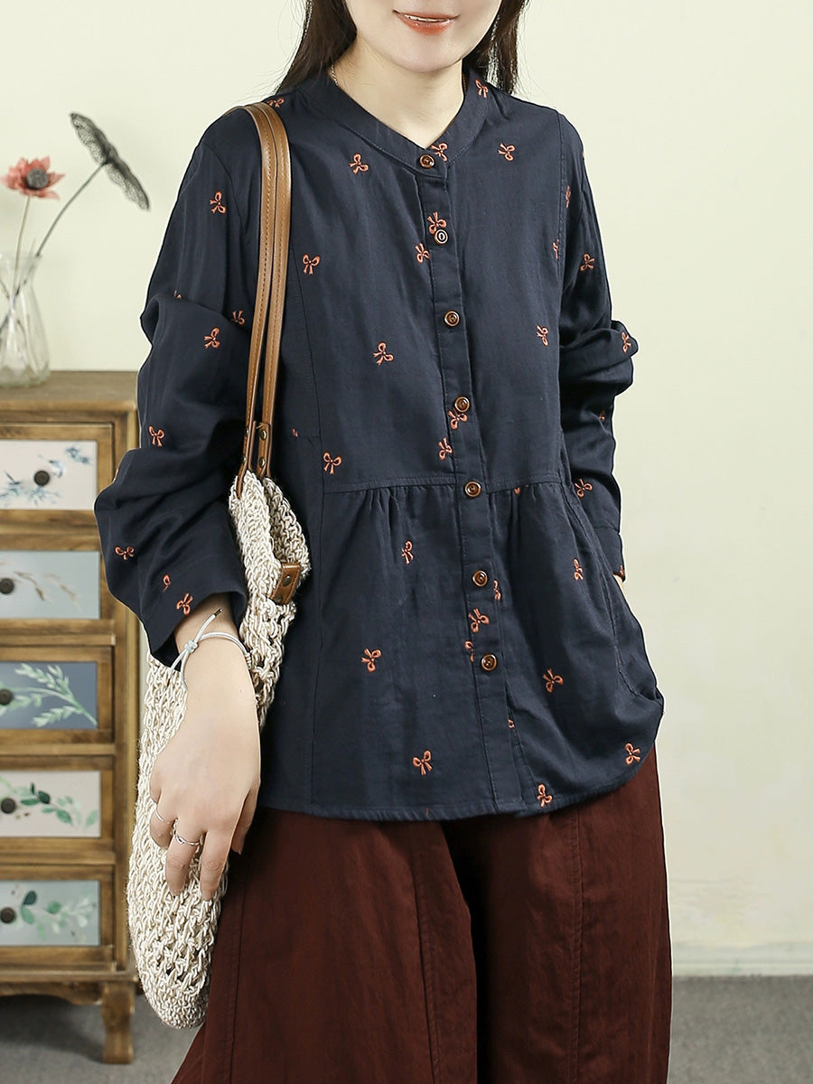 Women Autumn Vintage Embroidery 100%Cotton Stand Collar Shirt