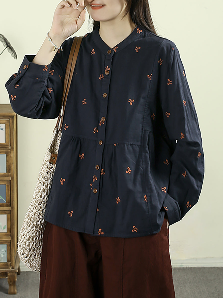Women Autumn Vintage Embroidery 100%Cotton Stand Collar Shirt