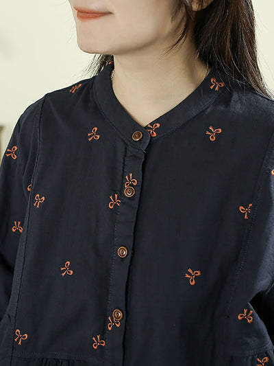 Women Autumn Vintage Embroidery 100%Cotton Stand Collar Shirt