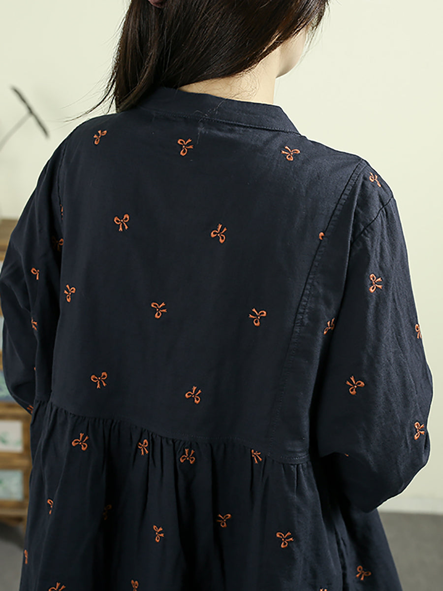 Women Autumn Vintage Embroidery 100%Cotton Stand Collar Shirt