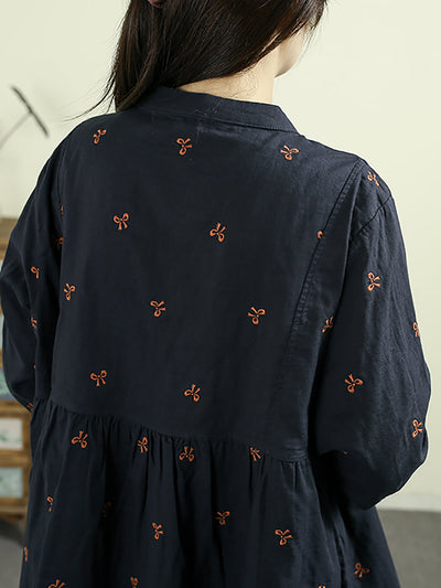Women Autumn Vintage Embroidery 100%Cotton Stand Collar Shirt