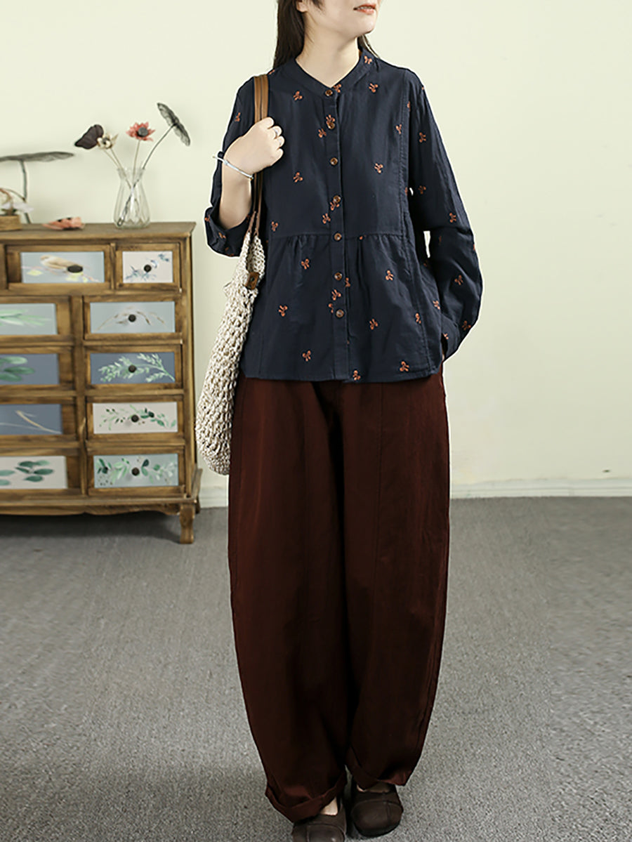 Women Autumn Vintage Embroidery 100%Cotton Stand Collar Shirt