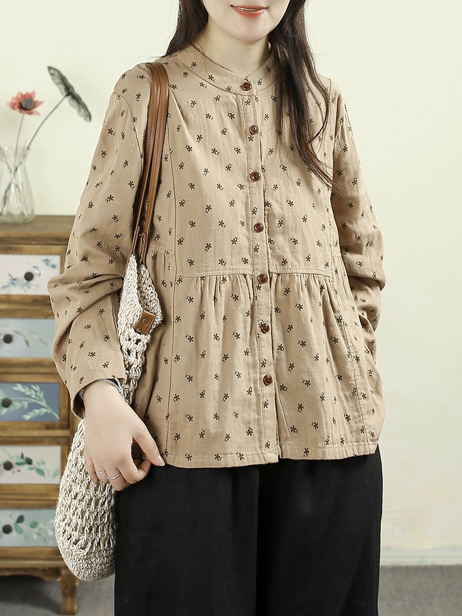 Women Autumn Vintage Embroidery 100%Cotton Stand Collar Shirt