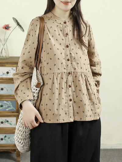 Women Autumn Vintage Embroidery 100%Cotton Stand Collar Shirt