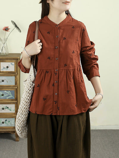 Women Autumn Vintage Embroidery 100%Cotton Stand Collar Shirt