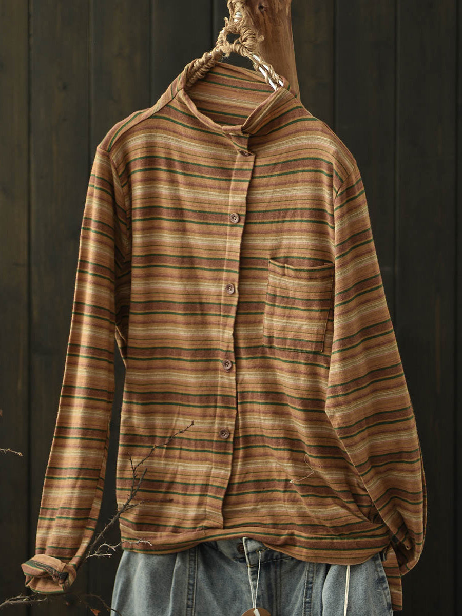 Women Autumn Casual Stripe Turtleneck Cotton Blouse