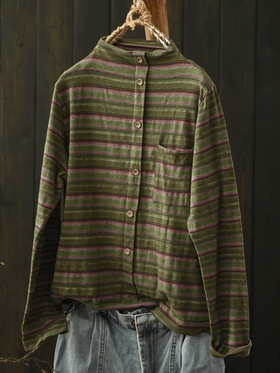 Women Autumn Casual Stripe Turtleneck Cotton Blouse