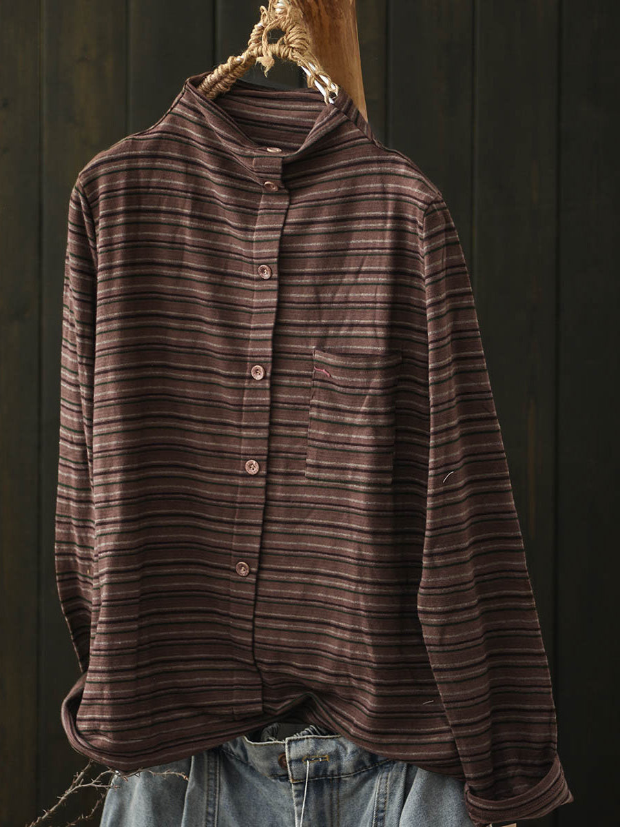 Women Autumn Casual Stripe Turtleneck Cotton Blouse