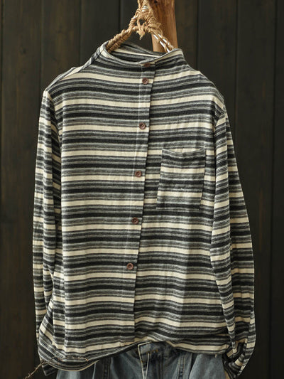 Women Autumn Casual Stripe Turtleneck Cotton Blouse