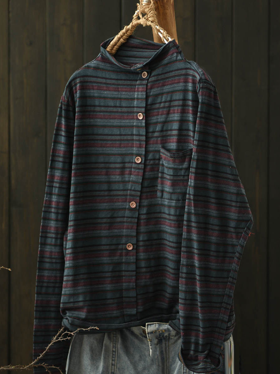 Women Autumn Casual Stripe Turtleneck Cotton Blouse