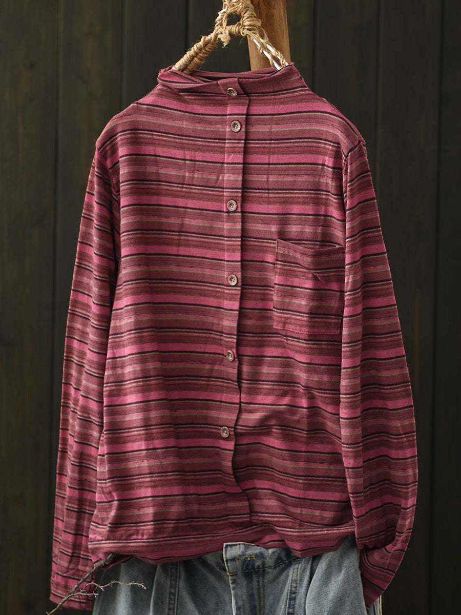 Women Autumn Casual Stripe Turtleneck Cotton Blouse