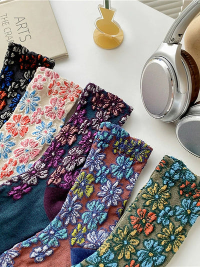5 Pairs Women Artsy Flower Jacquard Cotton Socks