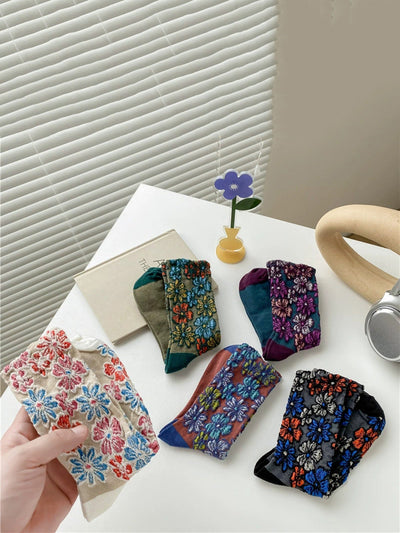 5 Pairs Women Artsy Flower Jacquard Cotton Socks