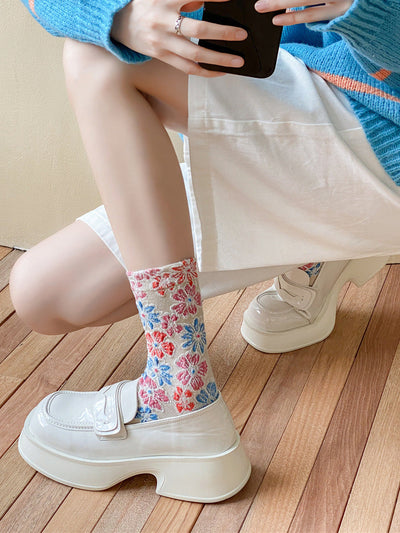 5 Pairs Women Artsy Flower Jacquard Cotton Socks