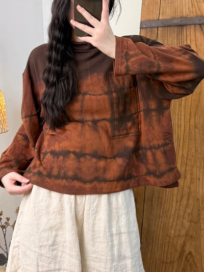 Women Autumn Retro Tie-dye Turtleneck Cotton Blouse