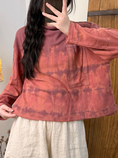 Women Autumn Retro Tie-dye Turtleneck Cotton Blouse