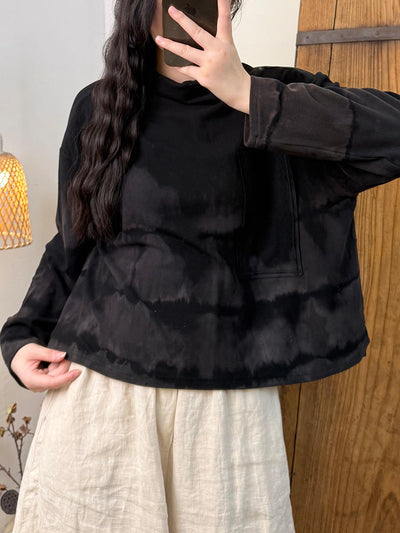 Women Autumn Retro Tie-dye Turtleneck Cotton Blouse