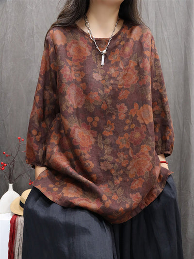 Women Autumn Retro Flower 100%Linen O-Neck Shirt