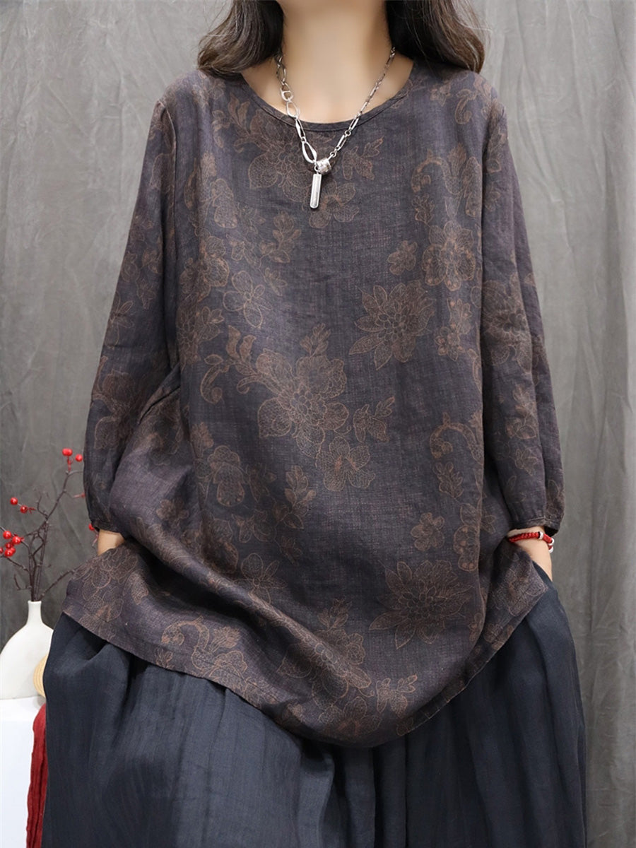 Women Autumn Retro Flower 100%Linen O-Neck Shirt
