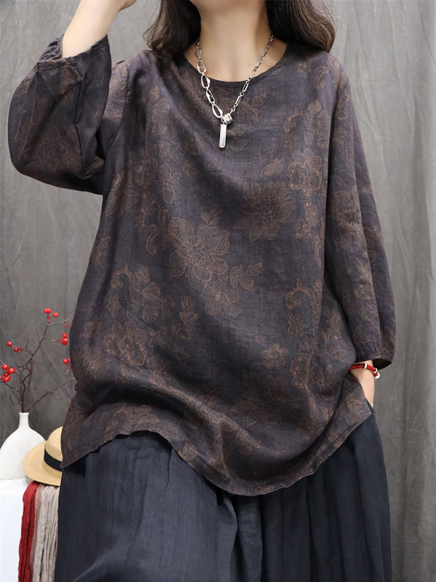 Women Autumn Retro Flower 100%Linen O-Neck Shirt