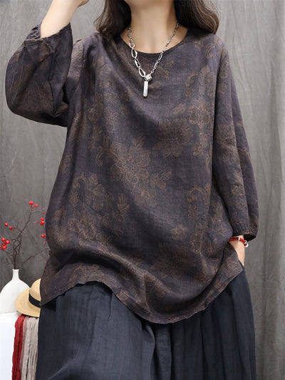 Women Autumn Retro Flower 100%Linen O-Neck Shirt