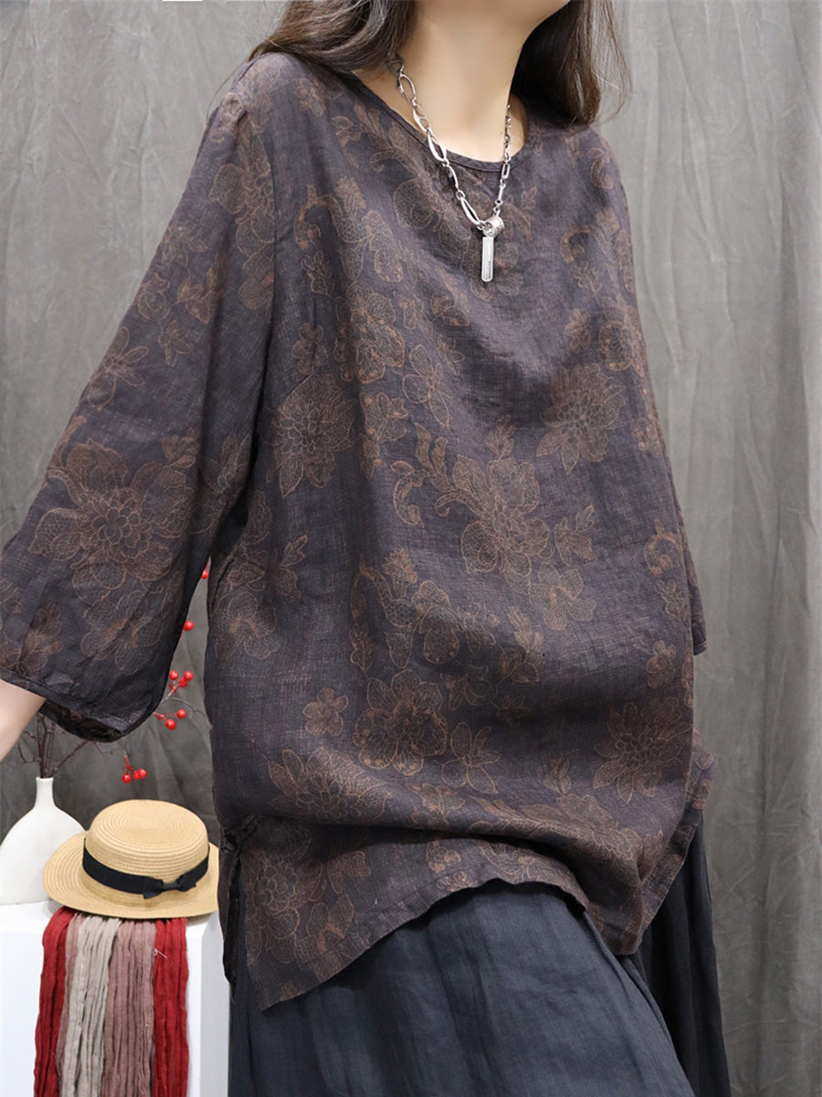 Women Autumn Retro Flower 100%Linen O-Neck Shirt