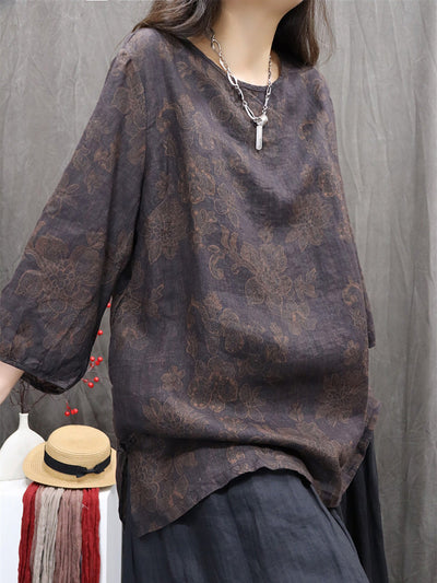 Women Autumn Retro Flower 100%Linen O-Neck Shirt