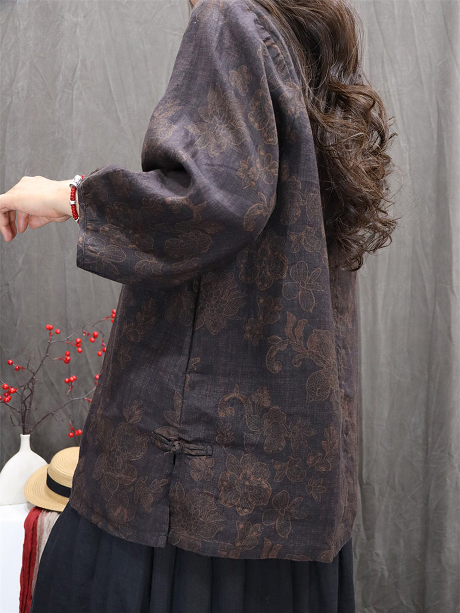 Women Autumn Retro Flower 100%Linen O-Neck Shirt