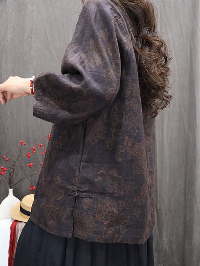 Women Autumn Retro Flower 100%Linen O-Neck Shirt