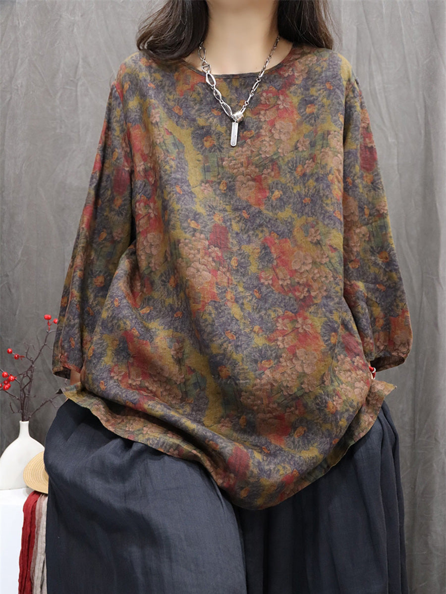 Women Autumn Retro Flower 100%Linen O-Neck Shirt