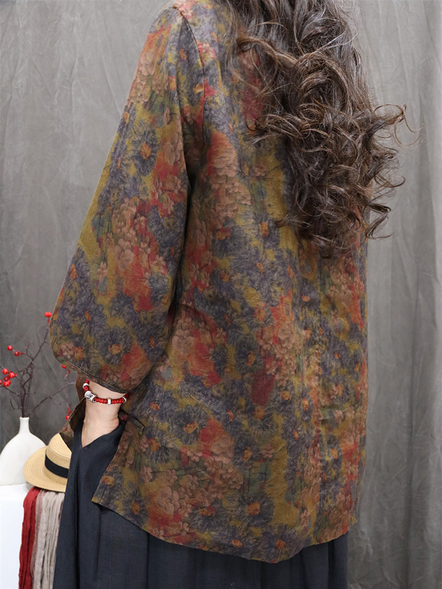 Women Autumn Retro Flower 100%Linen O-Neck Shirt