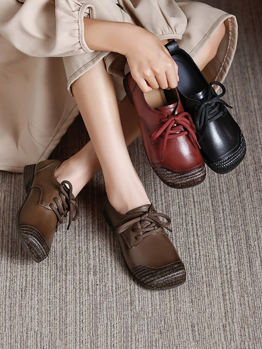 Women Autumn Vintage Leather Spliced Low Heel Shoes