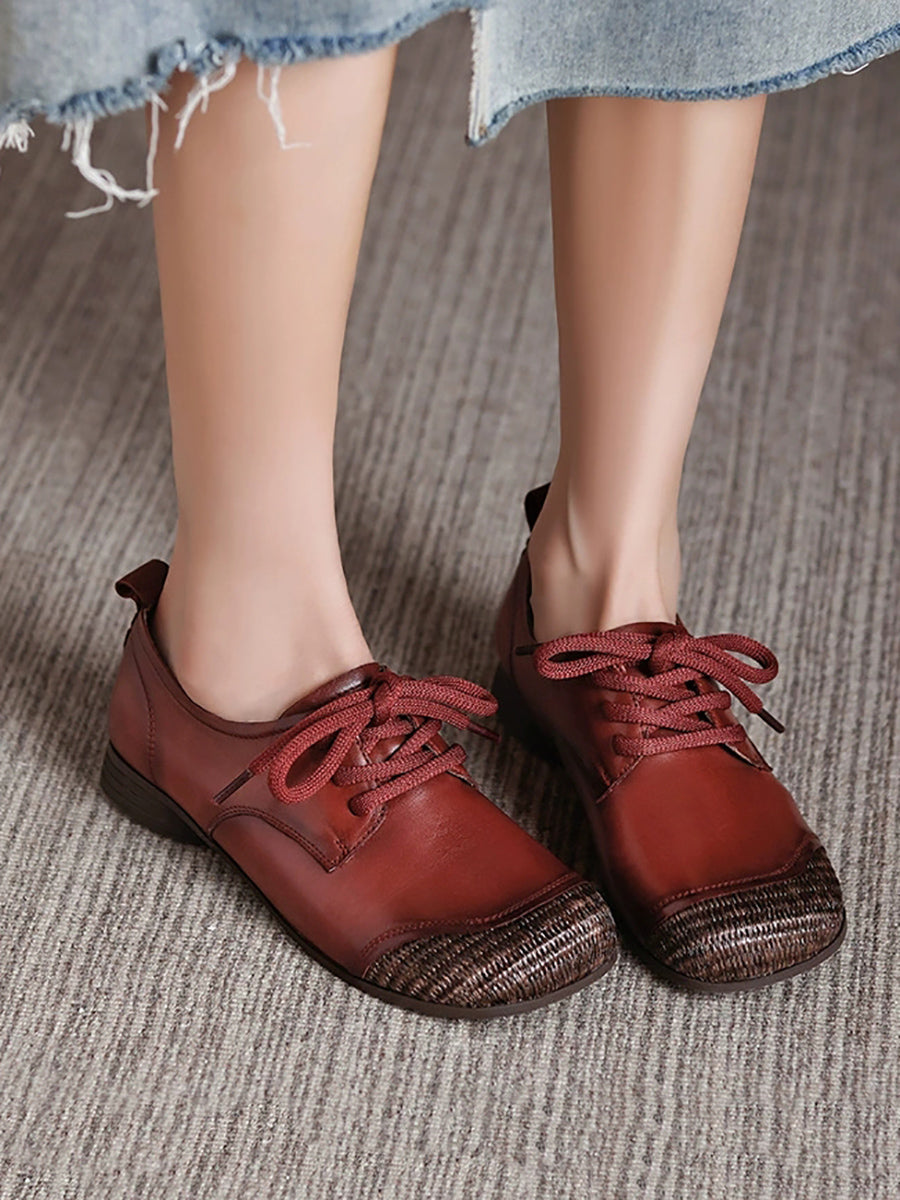 Women Autumn Vintage Leather Spliced Low Heel Shoes