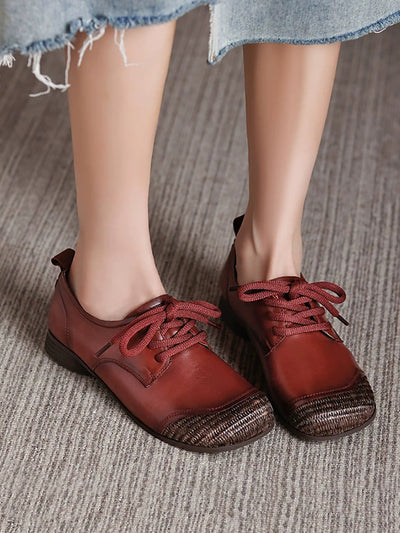 Women Autumn Vintage Leather Spliced Low Heel Shoes