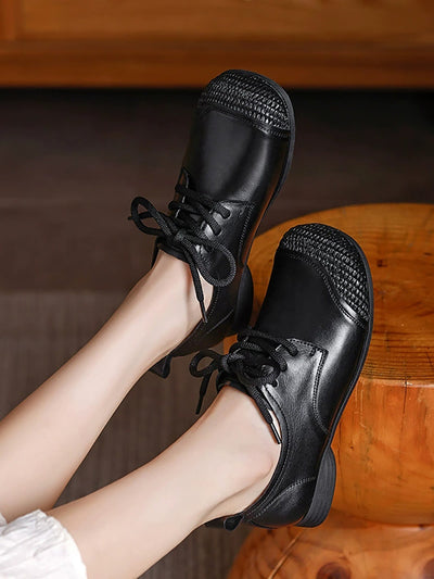 Women Autumn Vintage Leather Spliced Low Heel Shoes