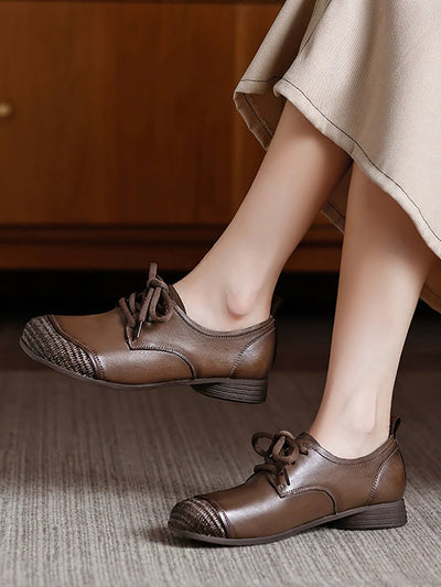 Women Autumn Vintage Leather Spliced Low Heel Shoes