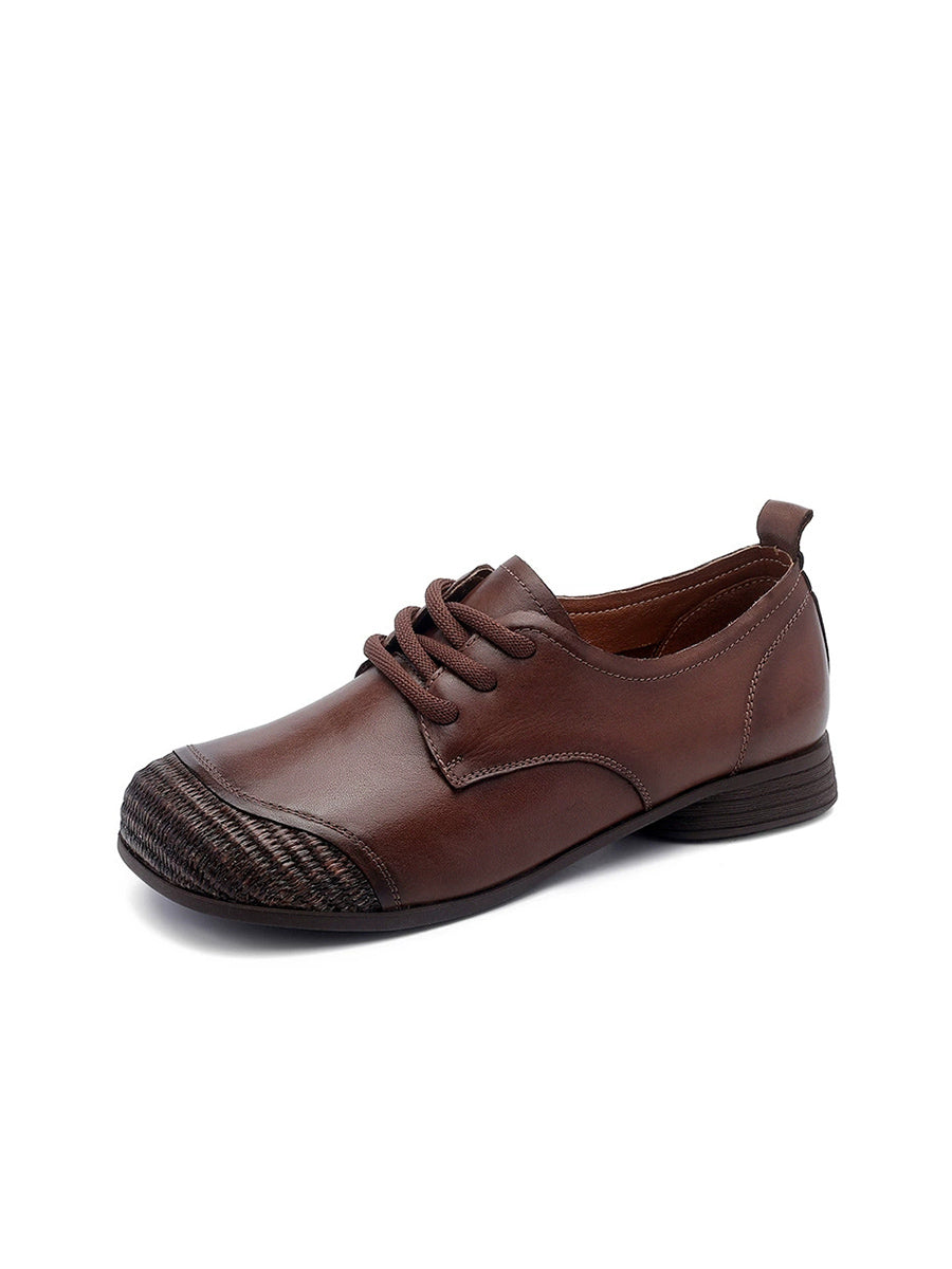 Women Autumn Vintage Leather Spliced Low Heel Shoes