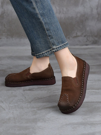 Women Retro Genuine Leather Spliced Flat Shoes