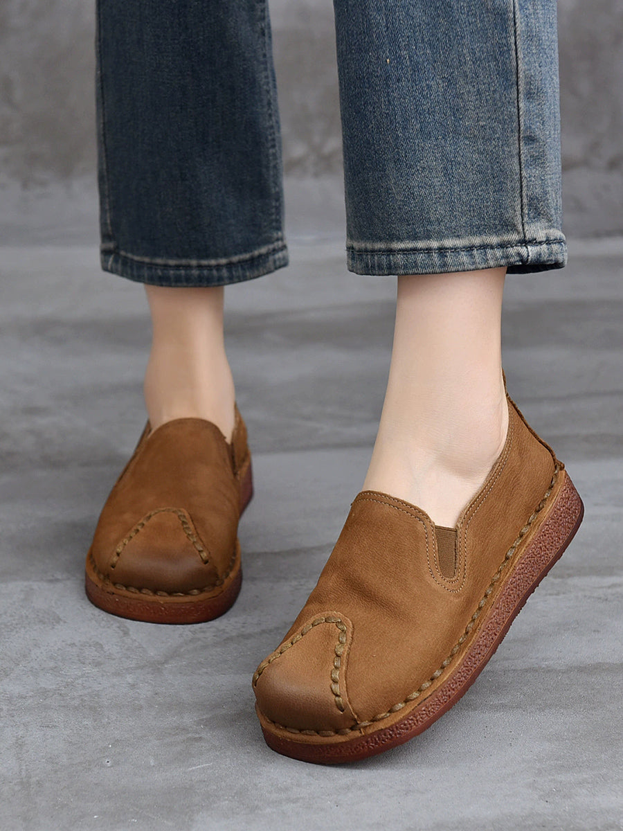 Women Retro Genuine Leather Spliced Flat Shoes