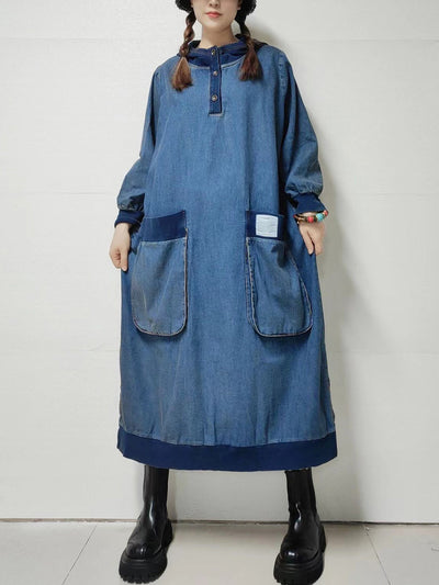 Women Autumn Retro Pure Color Denim Hooded Dress