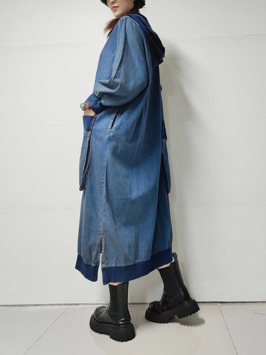 Women Autumn Retro Pure Color Denim Hooded Dress