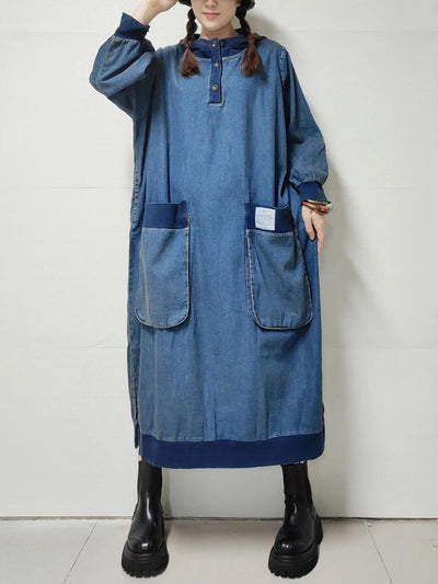 Women Autumn Retro Pure Color Denim Hooded Dress