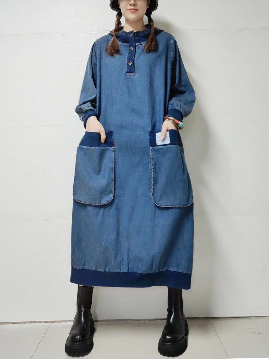 Women Autumn Retro Pure Color Denim Hooded Dress
