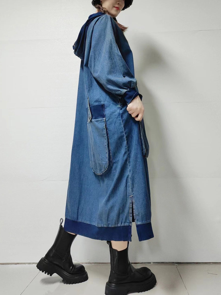 Women Autumn Retro Pure Color Denim Hooded Dress