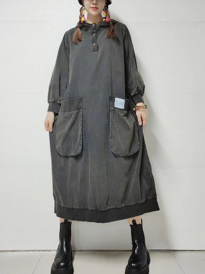 Women Autumn Retro Pure Color Denim Hooded Dress