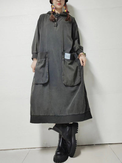 Women Autumn Retro Pure Color Denim Hooded Dress