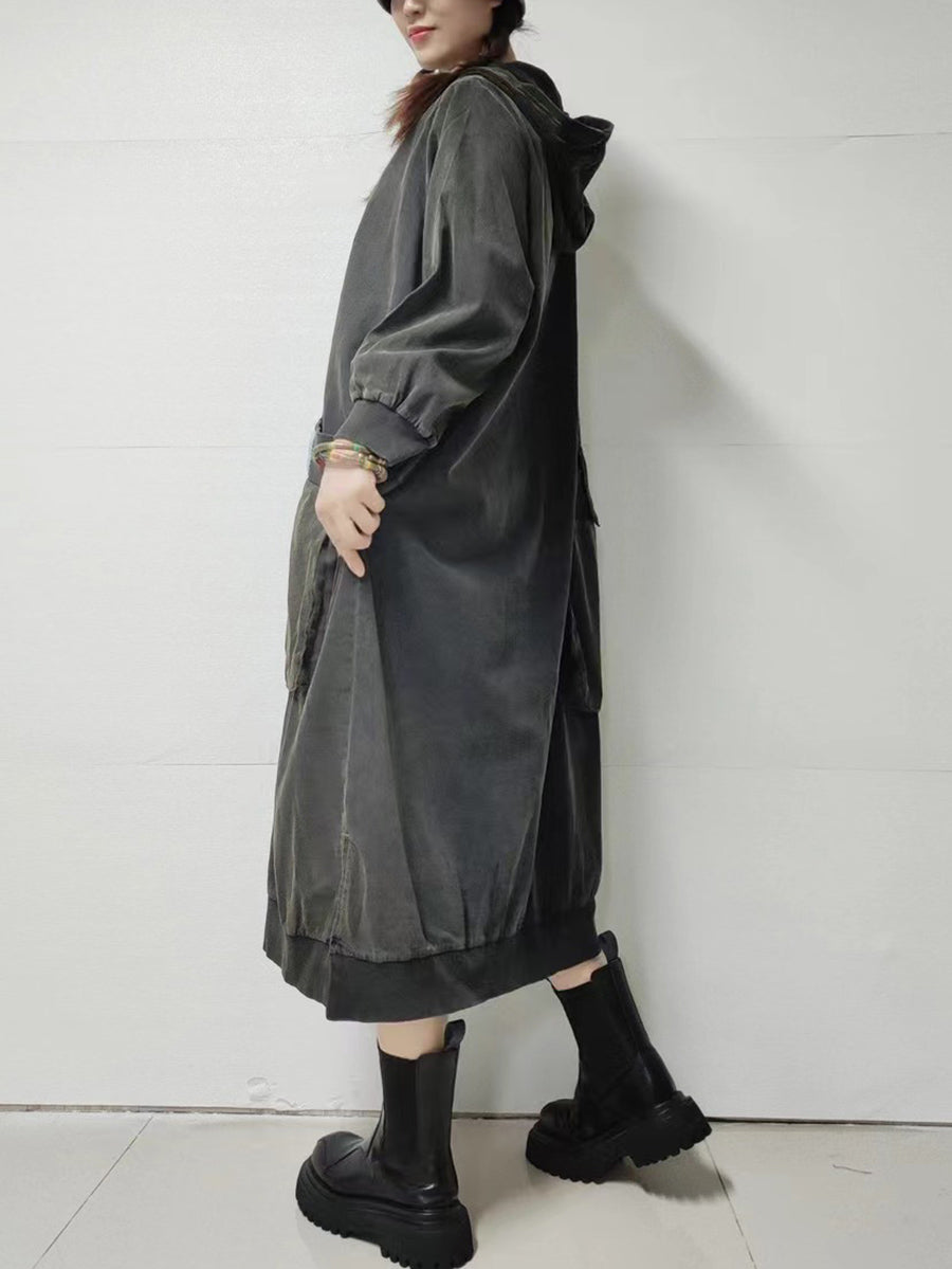 Women Autumn Retro Pure Color Denim Hooded Dress