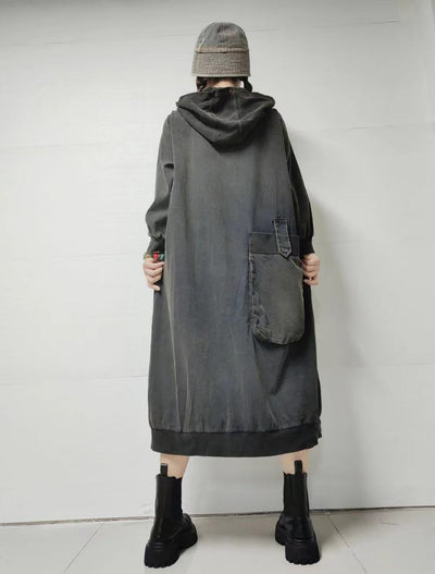 Women Autumn Retro Pure Color Denim Hooded Dress