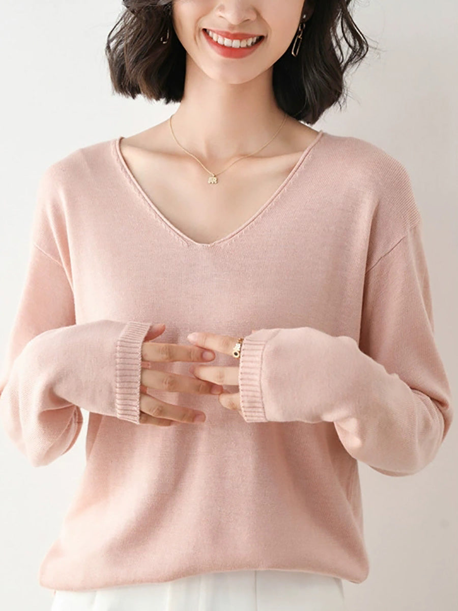 Women Autumn Casual Knitted Wool V-Neck Sweater