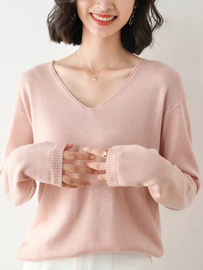 Women Autumn Casual Knitted Wool V-Neck Sweater
